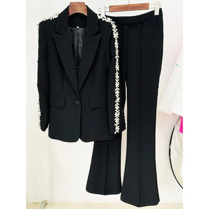 Elegant British designer women's suit set with beaded blazer and flare pants in white