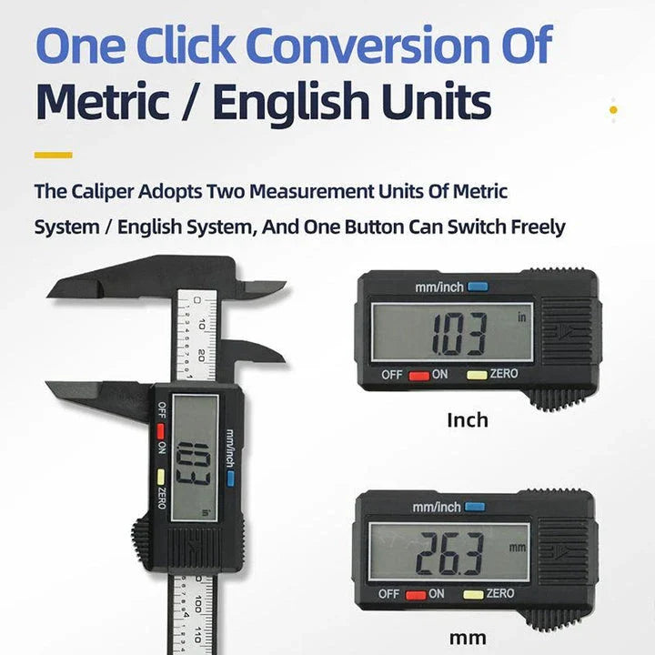 High-Precision Digital Vernier Caliper made of durable carbon fibre with clear LCD display and versatile measuring capabilities