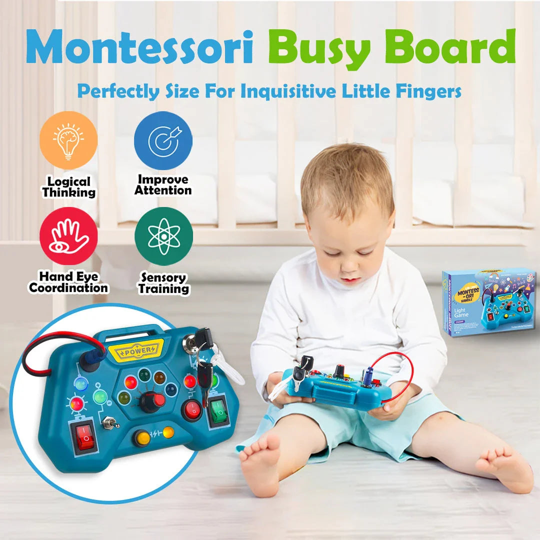 Montessori busy board educational toy for toddlers with various interactive features