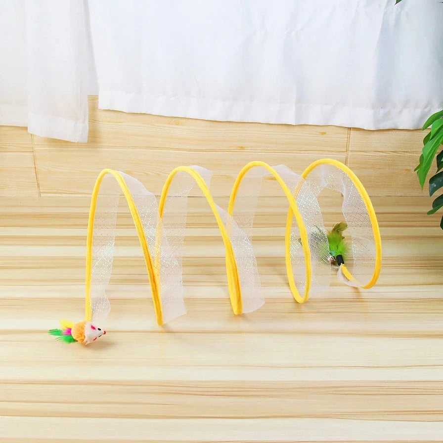 Interactive foldable cat tunnel with soft feather toys and hidden mouse, designed to engage and entertain your feline friend.