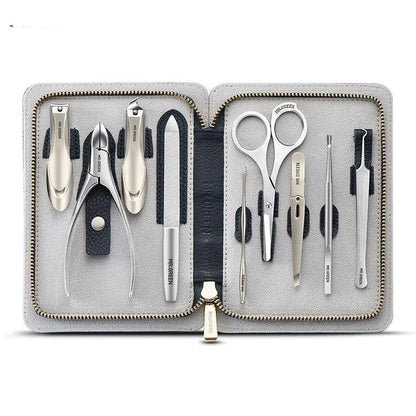 Premium manicure set with surgical-grade stainless steel tools and luxurious leather case