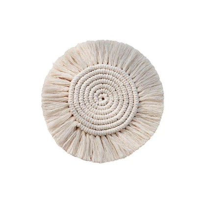 Elegant Boho Macrame Coaster in Timeless White, featuring a unique and artisanal design that adds a touch of rustic charm to any living space.