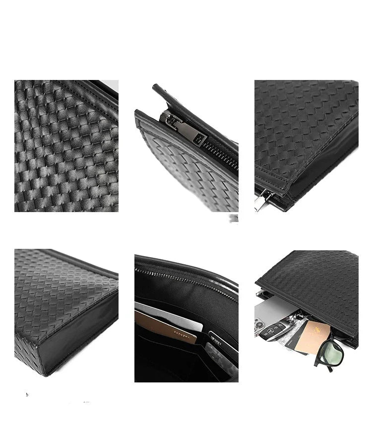 Premium hand-woven black leather briefcase with multiple pockets and adjustable shoulder strap