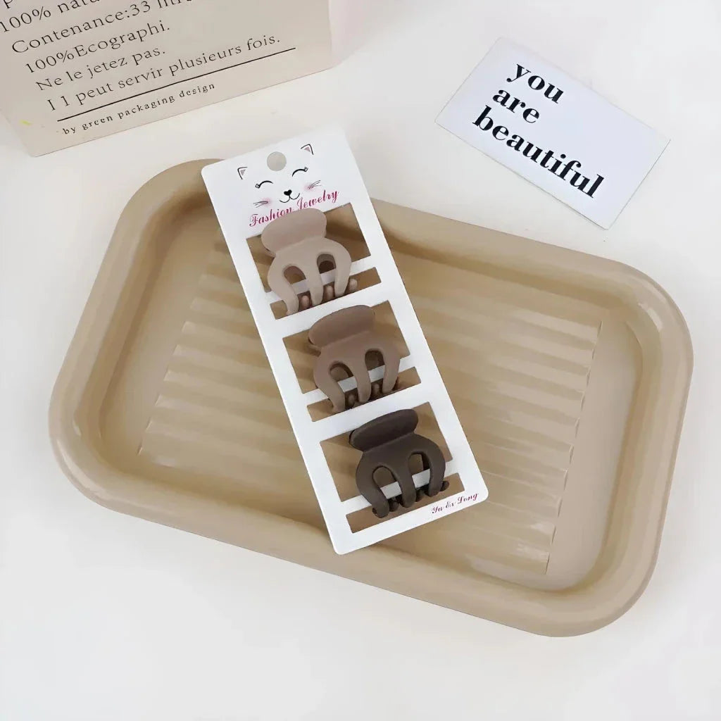 Coffee-coloured geometric hairpin set with frosted finish, various shapes for versatile styling