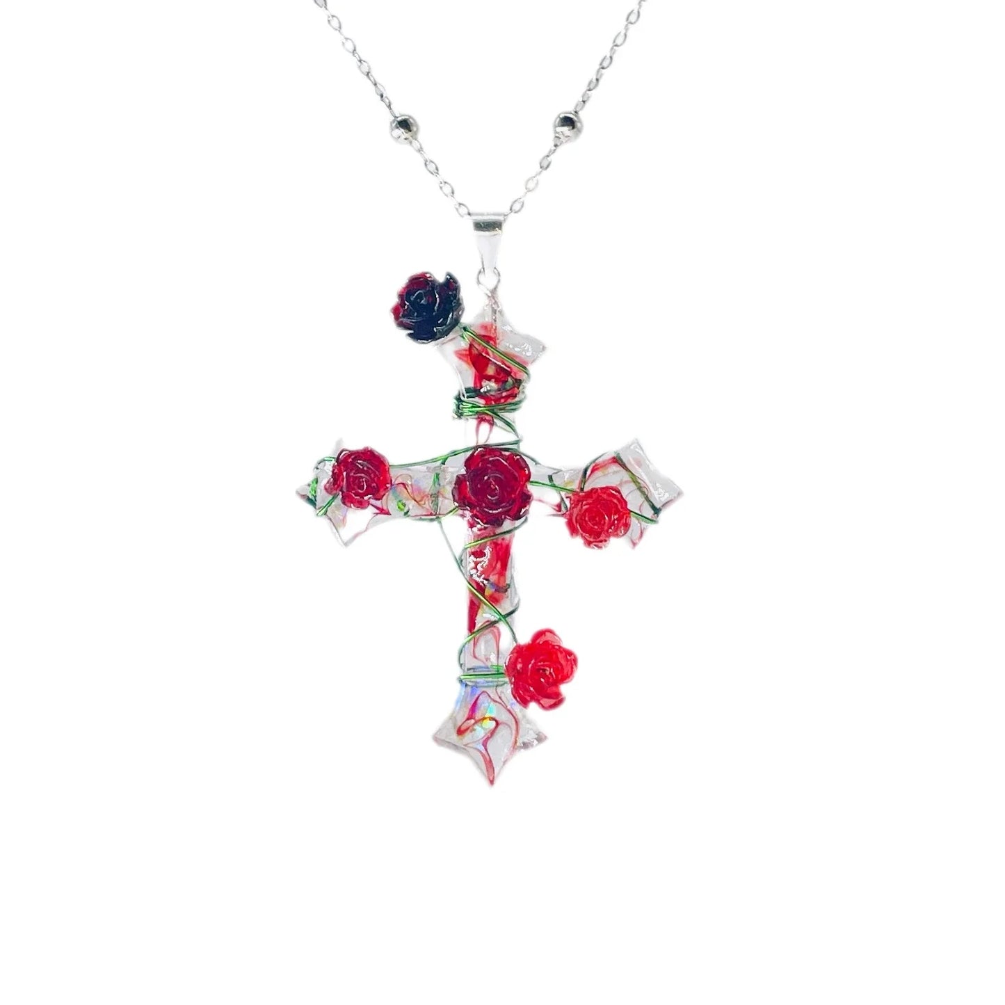 Miaoke Handmade S925 Sterling Silver Cross Necklace with Captivating Rose Pendant