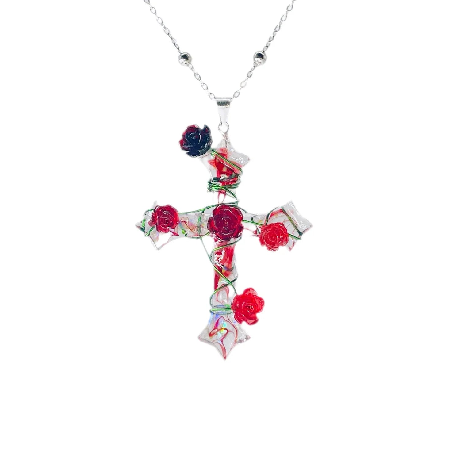 Miaoke Handmade S925 Sterling Silver Cross Necklace with Captivating Rose Pendant