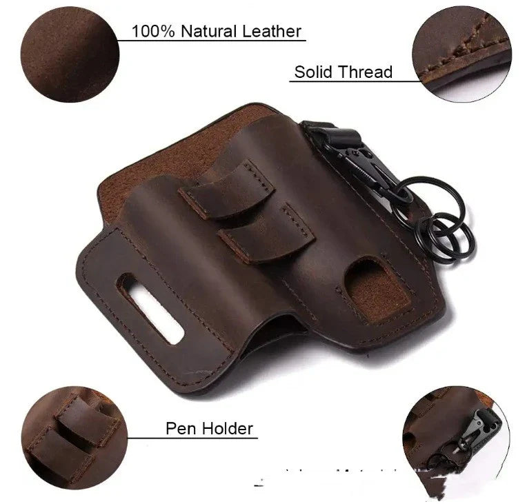 Premium British leather tool carrier with multiple compartments and adjustable strap for hands-free carrying