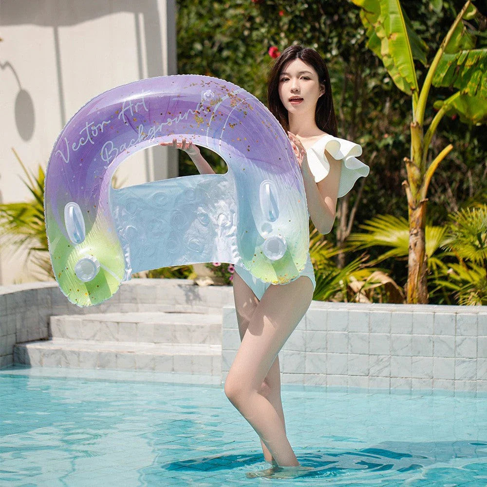 Luxury inflatable water hammock with dual handles and cup holders for relaxing by the pool or at the beach