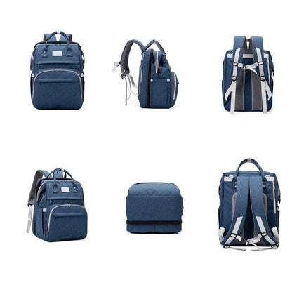 Multifunctional maternity diaper backpack with removable mosquito net, foldable crib, and water-resistant design for convenient family travel