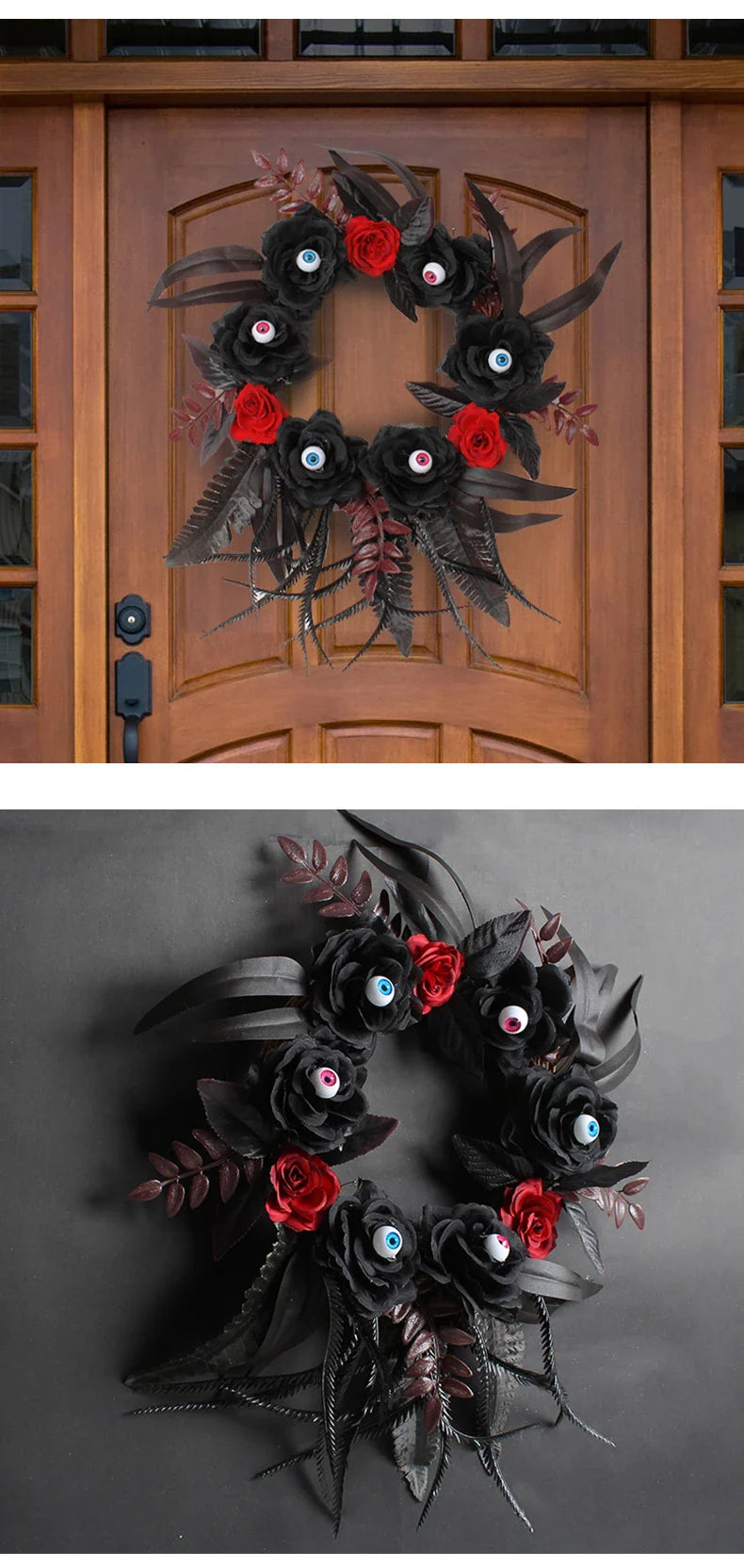 Artificial Halloween rose eyeball garland decoration with lifelike eyeballs and feathery rose blooms