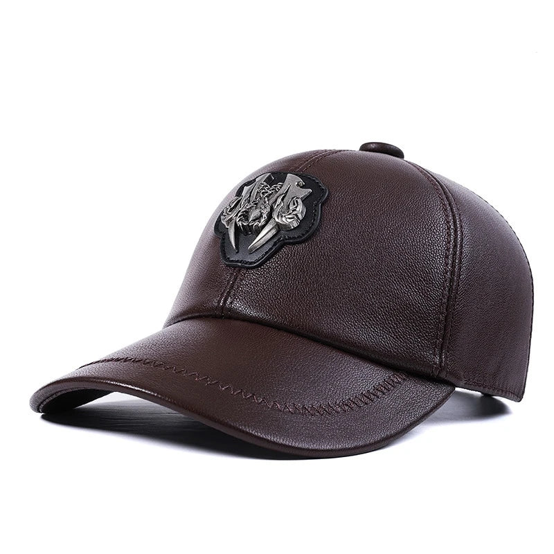 Premium leather peaked cap in black and brown for men and women, featuring an adjustable, breathable, and windproof design for casual wear.