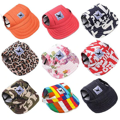 A stylish canvas pet cap with vibrant animal-themed prints, designed for comfort and fashion-forward canine companions.