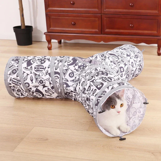 Foldable interactive pet tunnel made of durable polyester in black and white, designed for cats, rabbits, and other small animals to explore and play
