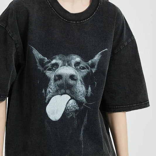 Oversized vintage-style hip hop streetwear t-shirt with a bold Doberman dog graphic, made from premium 100% cotton for all-day comfort and a relaxed, urban look.