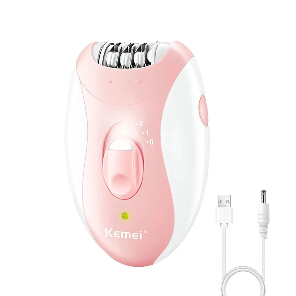 Cordless rechargeable women's epilator with pink body, designed for smooth and effortless hair removal on the face, legs, bikini area, underarms and arms