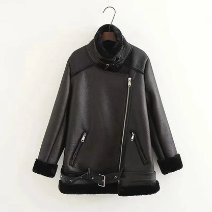 Stylish ladies' PU leather jacket with trendy belt in black colour
