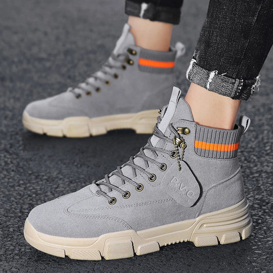 Premium high-top leather work boots in black, featuring a durable rubber sole and front-tie design for a secure and comfortable fit.