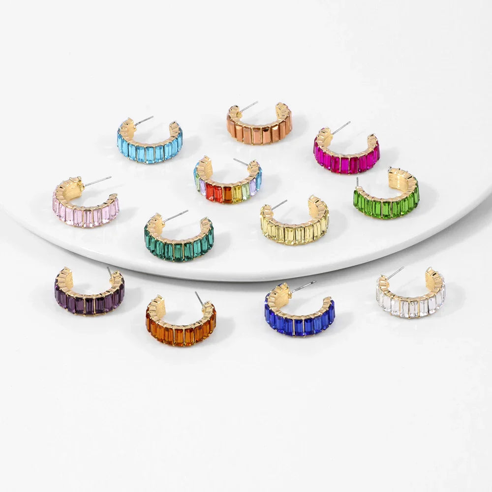 Multicolour glass diamond C-shaped earrings with alloy-inlaid artificial gems and semi-precious stones