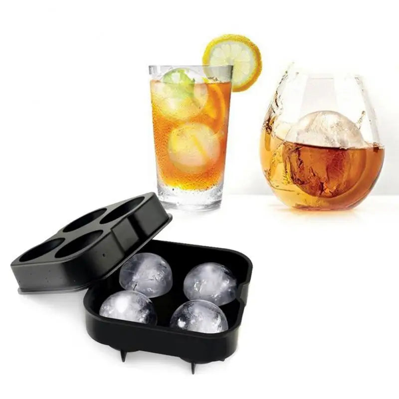 Premium Large Ice Ball Maker in Black, Producing Four 4.5 cm Ice Balls, Ideal for Cocktails and Beverages