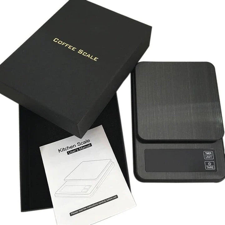 Premium digital coffee scale with LCD display, timer, and stainless steel platform for precise brewing control