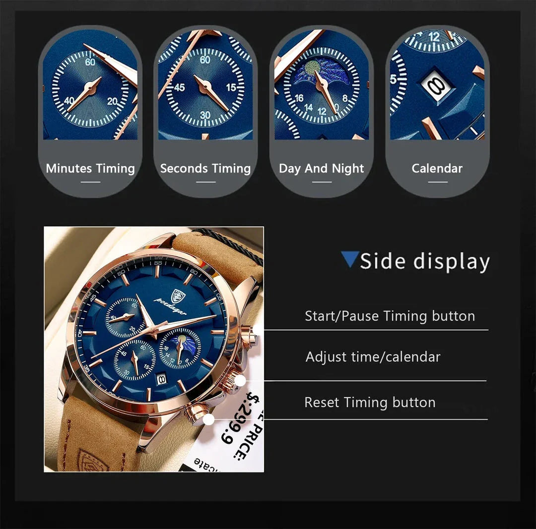 Premium Quartz Chronograph Sports Watch with stainless steel case, luminous hands, and adjustable leather strap
