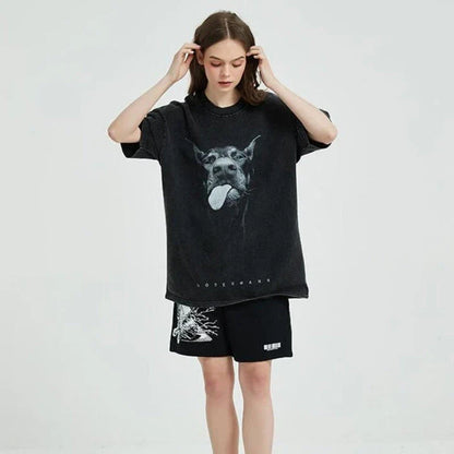 Oversized vintage-style hip hop streetwear t-shirt with a bold Doberman dog graphic, made from premium 100% cotton for all-day comfort and a relaxed, urban look.