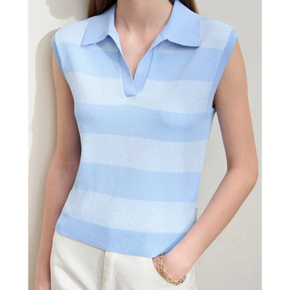 Chic Summer Knit Sleeveless Sweater in a neutral striped pattern, offering a comfortable and stylish option for warm weather wear.