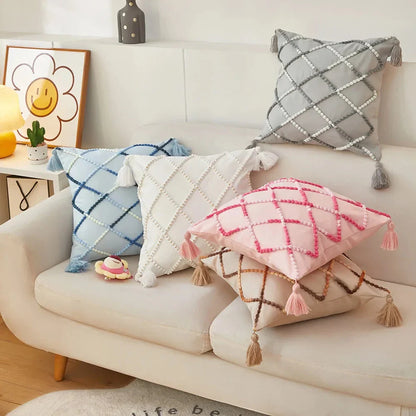 Nordic geometric tassel cushion cover with gradient design, perfect for adding modern style to your home