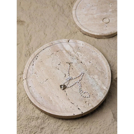 Handcrafted beige travertine marble tray with polished finish, versatile for use in vanity, kitchen, and around the home