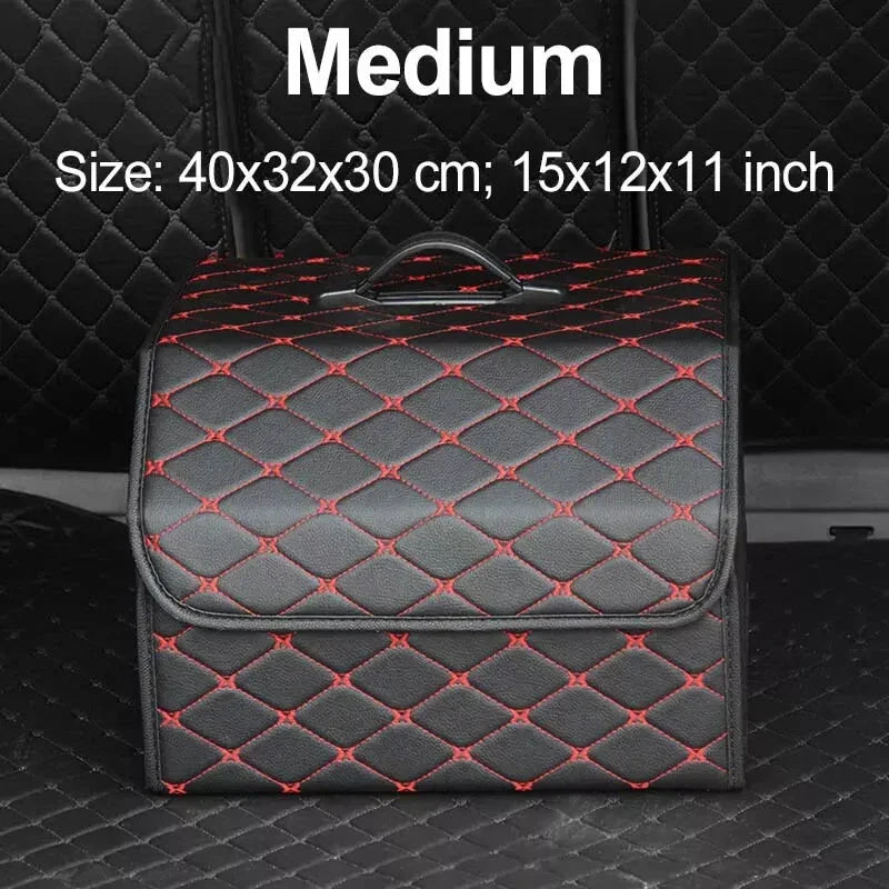 Premium collapsible leather car boot organiser in black, burgundy red, and black red colours