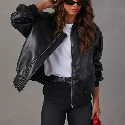 Stylish leather baseball jacket with Peter Pan collar, perfect for casual British streetwear