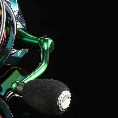 Multicoloured spinning reel with honeycomb design for fishing, featuring durable construction and smooth performance