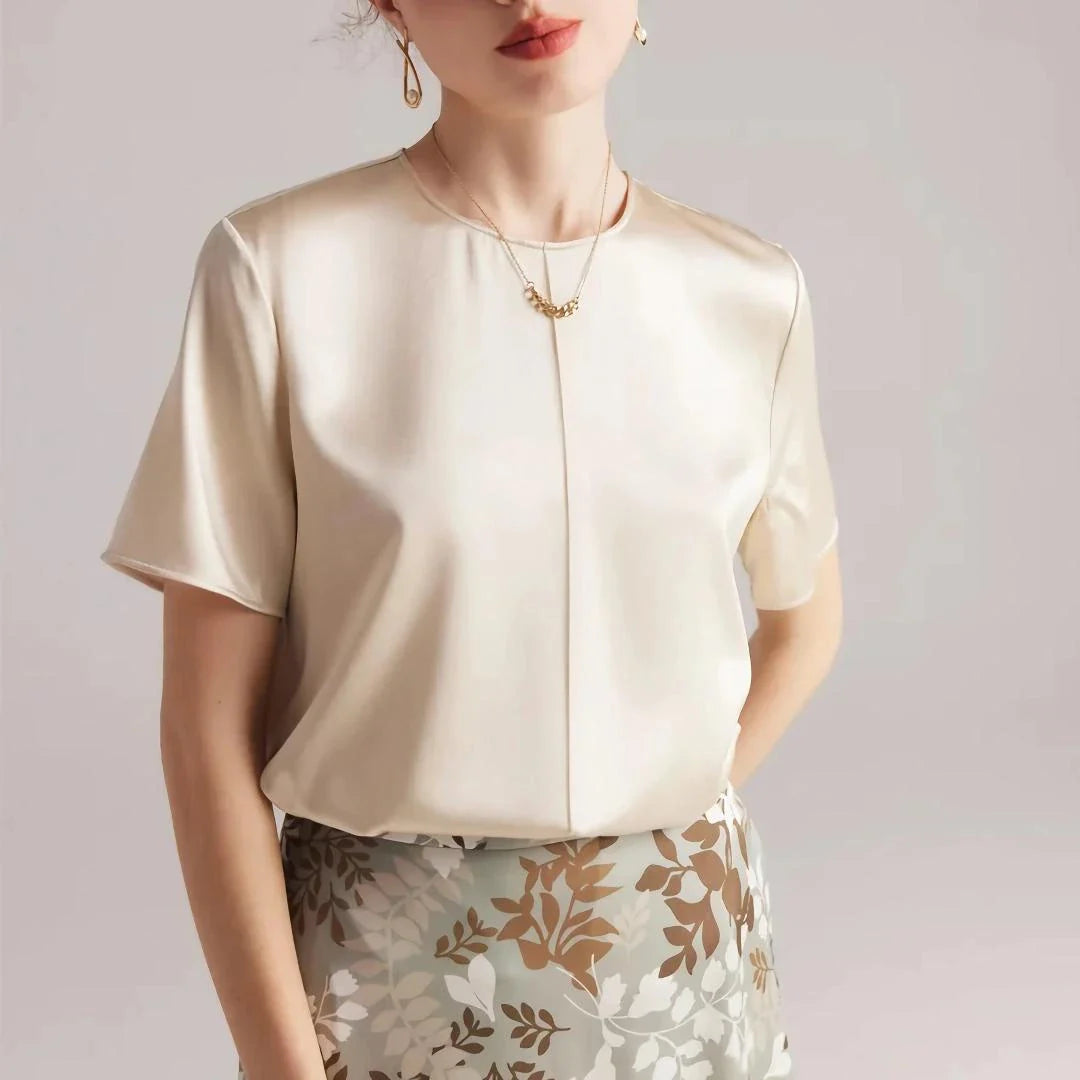 Elegant women's summer tee made of premium mulberry silk with classic O-neck design and short sleeves