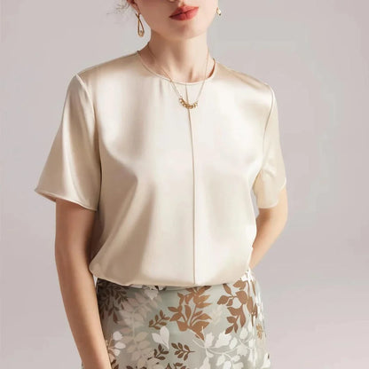 Elegant women's summer tee made of premium mulberry silk with classic O-neck design and short sleeves