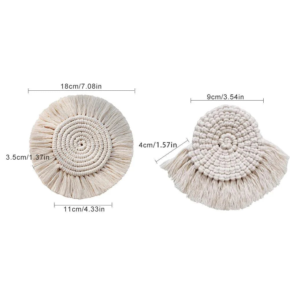 Elegant Boho Macrame Coaster in Timeless White, featuring a unique and artisanal design that adds a touch of rustic charm to any living space.
