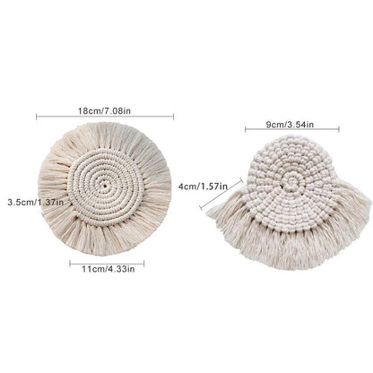 Elegant Boho Macrame Coaster in Timeless White, featuring a unique and artisanal design that adds a touch of rustic charm to any living space.