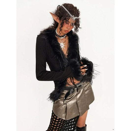 Stylish black faux fur patchwork knit cardigan with a lace-up V-neck design, perfect for spring fashion