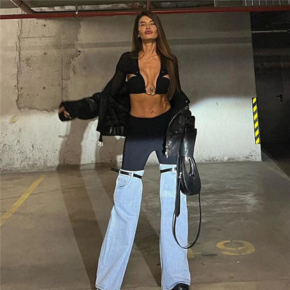 High-waist straight leg chic trousers for women, made from premium denim for a flattering and sophisticated look.