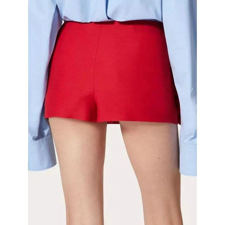 Premium High-Waist Patchwork Applique Slimming Shorts for Women in Red, featuring a flattering silhouette and unique feminine design.