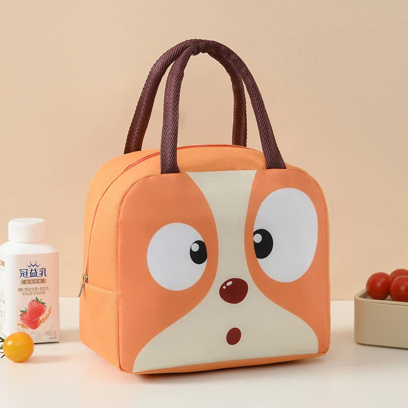 Cartoon animal-themed thermal lunch bag for children, made of durable Oxford cloth with insulated design and vibrant animal prints.