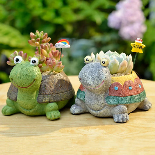 A charming, hand-painted resin planter in the shape of a cartoon turtle, perfect for displaying succulents, cacti, and other small plants.