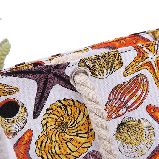 Stylish canvas beach tote bag with Shells Conch print design, perfect for summer adventures