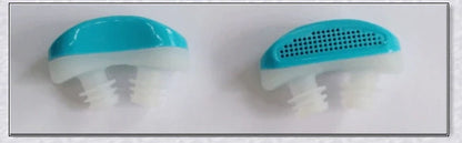 Maskless, cordless anti-snoring device for sleep apnea relief, featuring innovative air filtration system and compact, discreet design