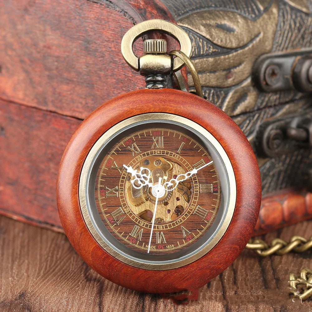 Elegant mahogany texture dial automatic mechanical wooden pocket watch with golden Roman numerals and alloy construction