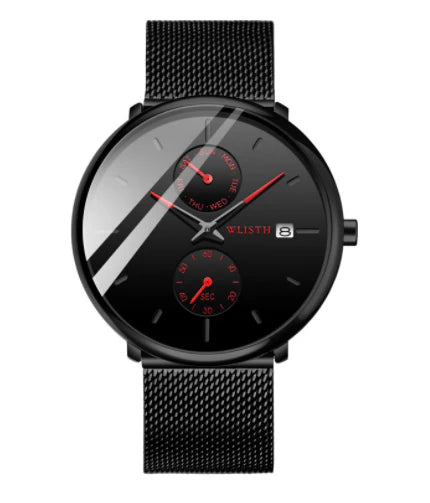 A classic, multifunctional watch with a sleek, 8mm profile, luminous display, and week indicator, perfect for the modern British gentleman.