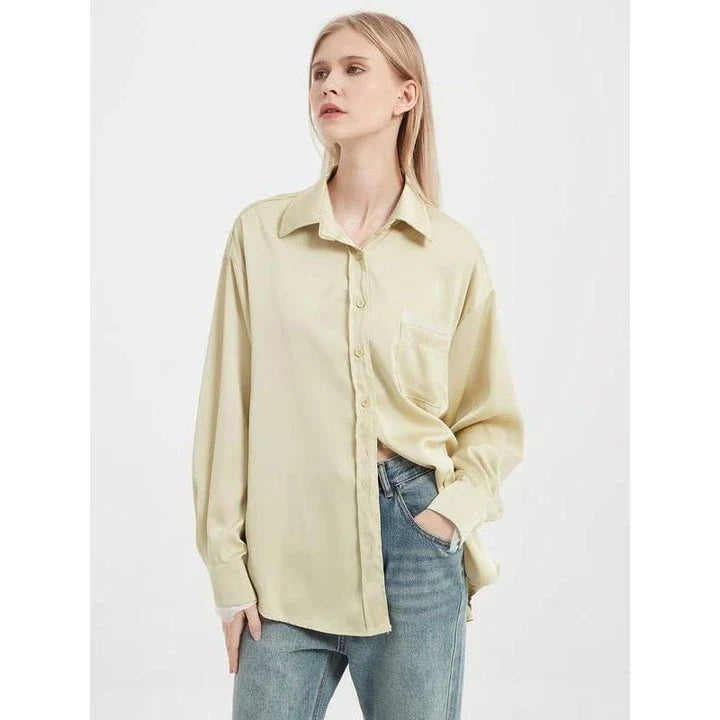 Elegant satin silk long sleeve blouse in black, white, and yellow colours