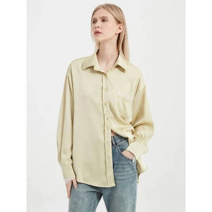 Elegant satin silk long sleeve blouse in black, white, and yellow colours