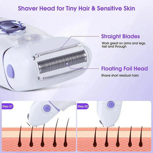 Premium 3-in-1 electric epilator and shaver for women with carbon steel blades, two speed settings, and built-in LED light for smooth, hair-free skin