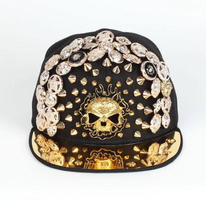 A black baseball cap with a striking skull and leopard print design, featuring adjustable snapback closure for a customized fit.