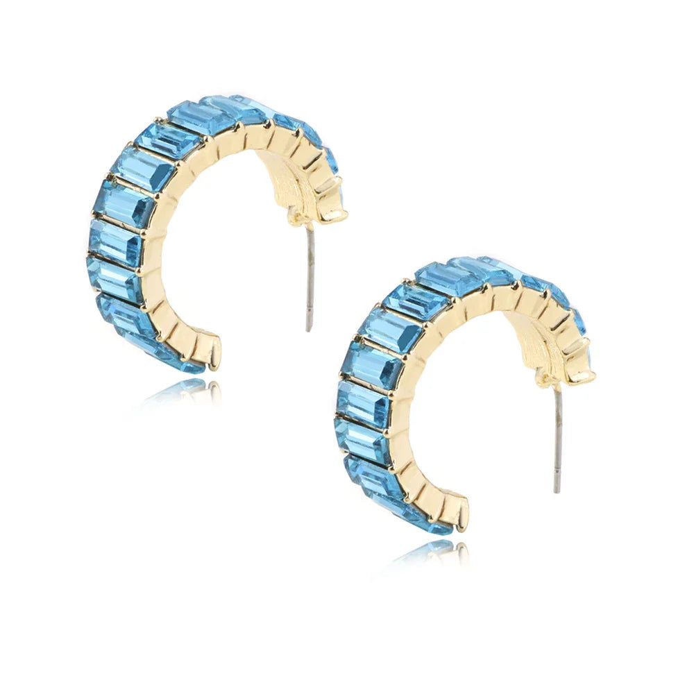 Multicolour glass diamond C-shaped earrings with alloy-inlaid artificial gems and semi-precious stones